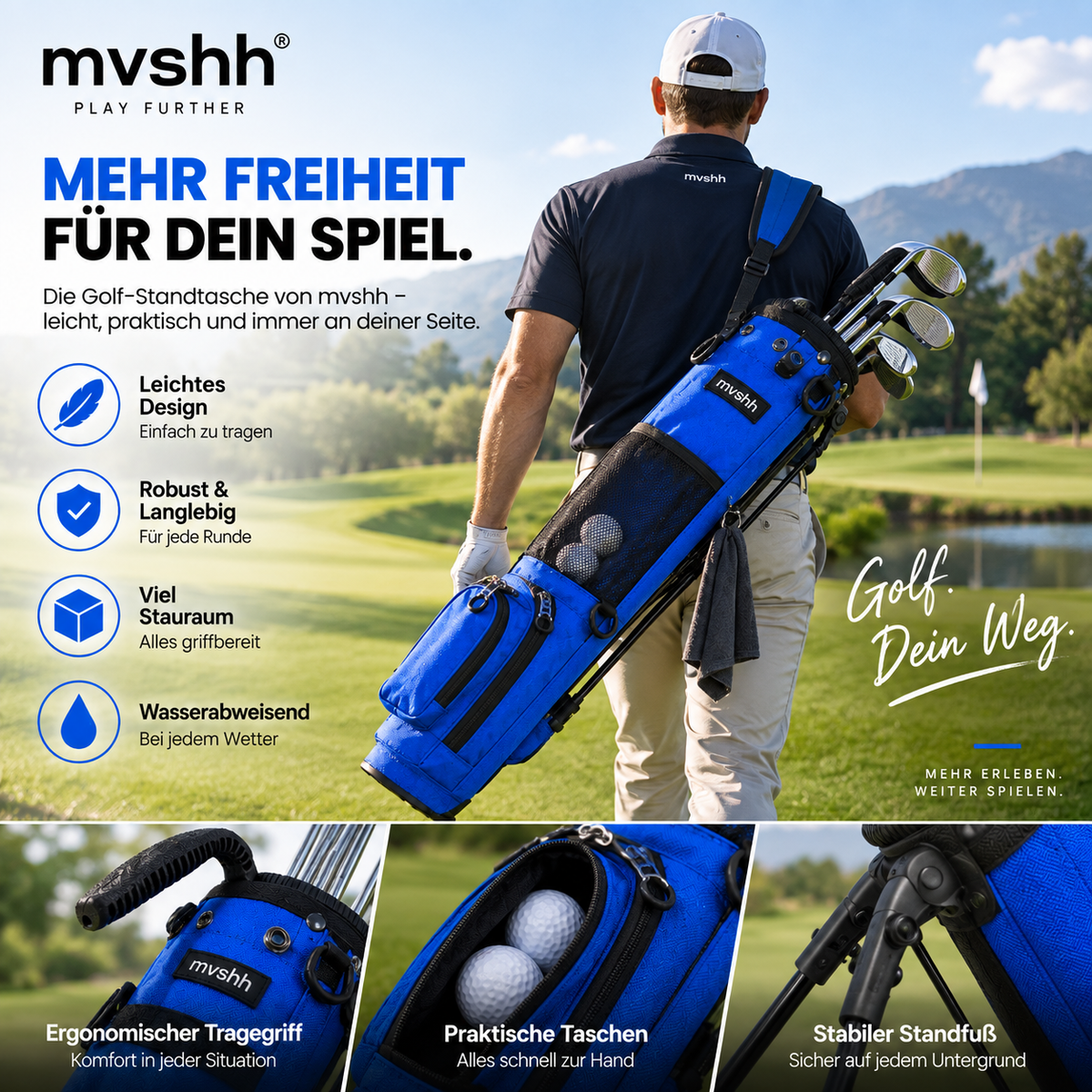 Leichte Golf Standbag mit Ständer, Tragegurt & mehreren Taschen – mvshh