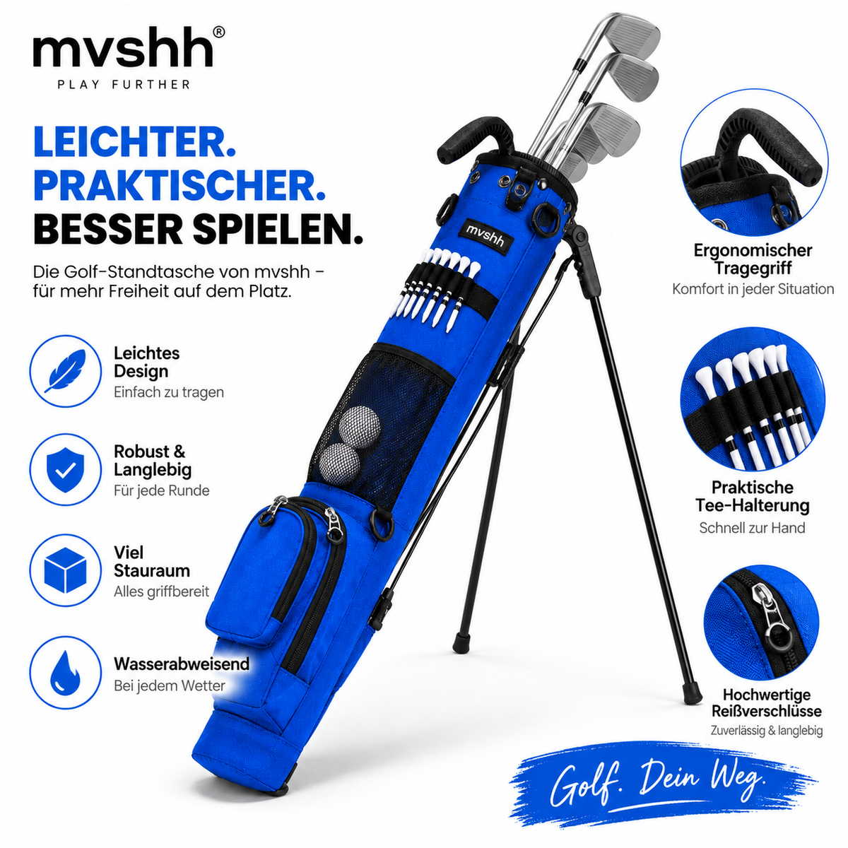Leichte Golf Standbag mit Ständer, Tragegurt & mehreren Taschen – mvshh